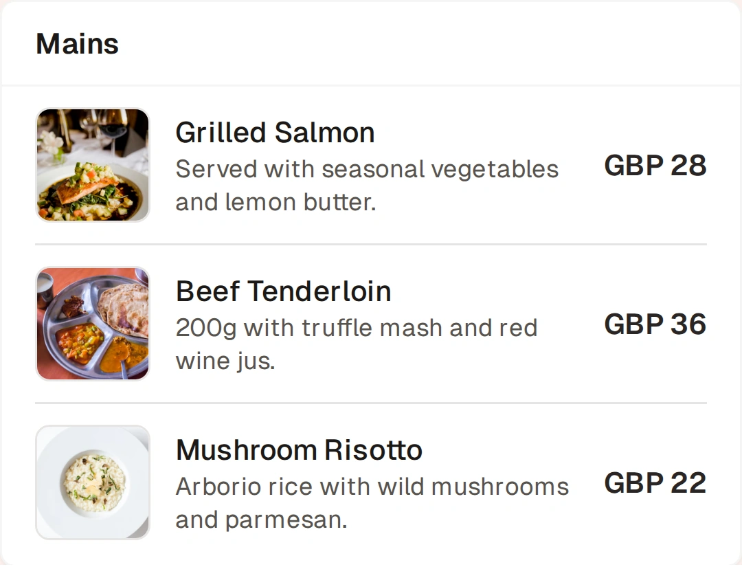 Menu category card showing food items with photos and prices