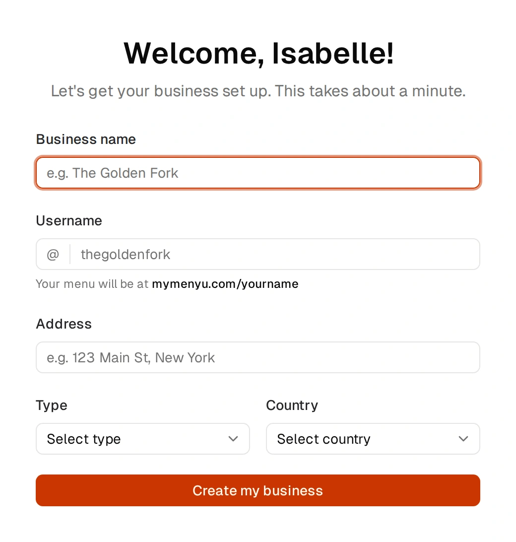 Onboarding form — set up your business